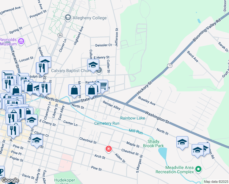 map of restaurants, bars, coffee shops, grocery stores, and more near 728 Jefferson St in Meadville