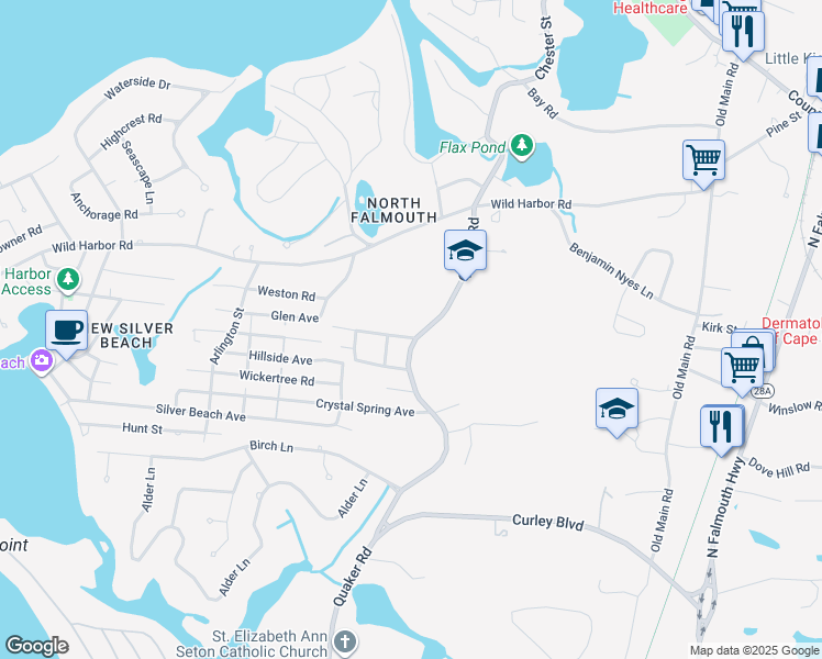 map of restaurants, bars, coffee shops, grocery stores, and more near 13 Highland Avenue in Falmouth
