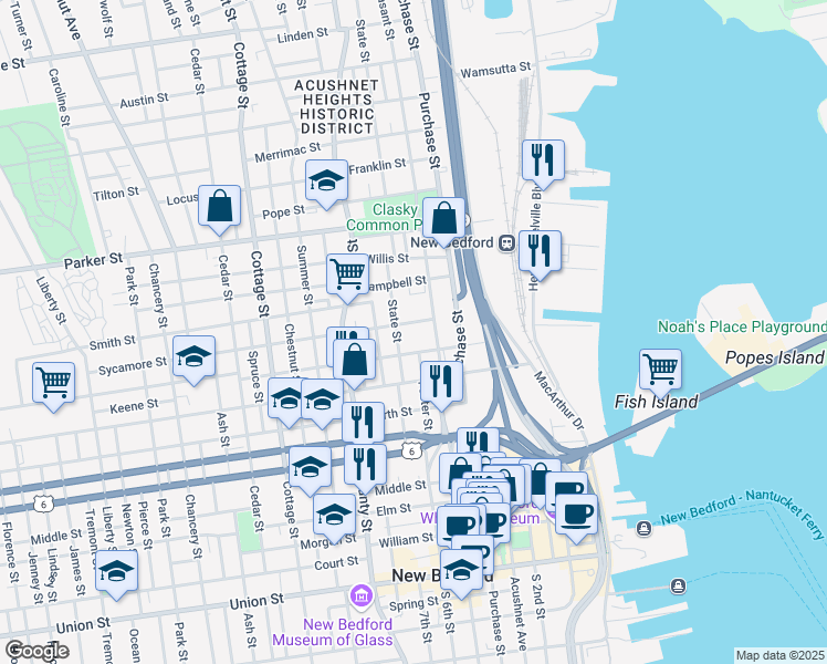 map of restaurants, bars, coffee shops, grocery stores, and more near 25 Sycamore Street in New Bedford
