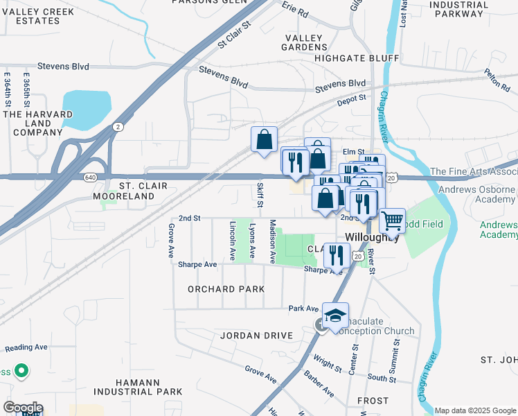 map of restaurants, bars, coffee shops, grocery stores, and more near 37600 North Industrial Parkway in Willoughby