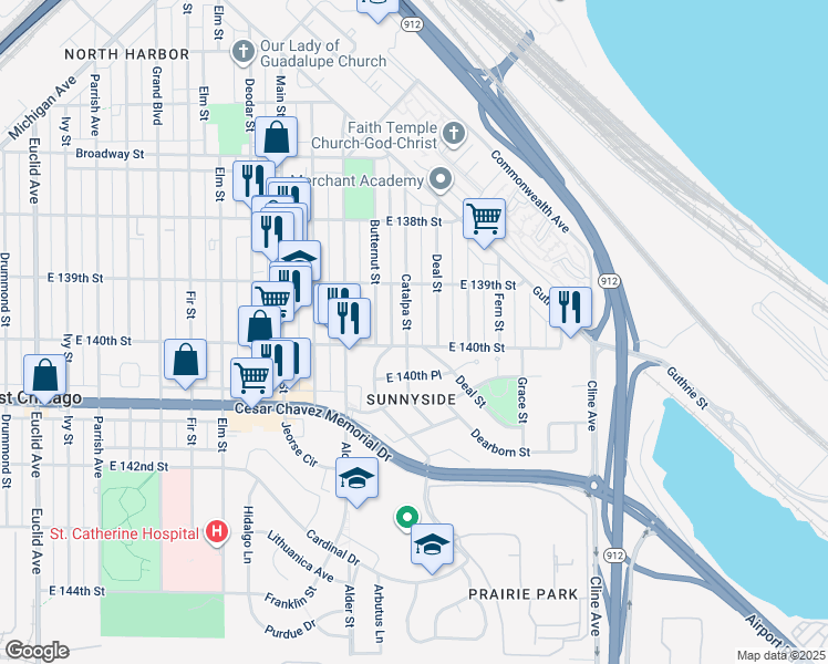 map of restaurants, bars, coffee shops, grocery stores, and more near 3920 Deal Street in East Chicago