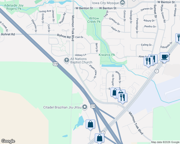 map of restaurants, bars, coffee shops, grocery stores, and more near 2131 Plaen View Drive in Iowa City