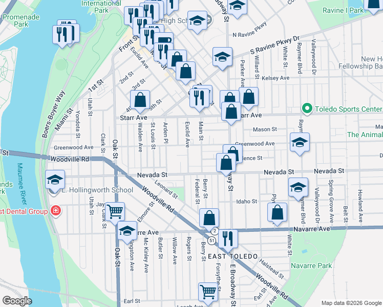 map of restaurants, bars, coffee shops, grocery stores, and more near 806 Main Street in Toledo