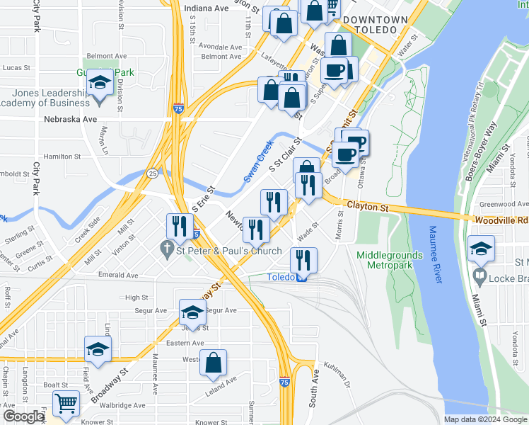 map of restaurants, bars, coffee shops, grocery stores, and more near in Toledo