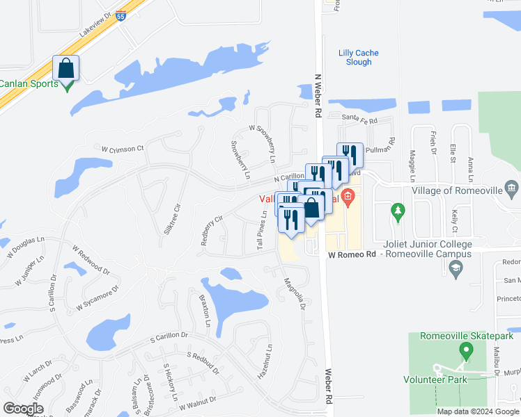 map of restaurants, bars, coffee shops, grocery stores, and more near 13424 Tall Pines Lane in Plainfield