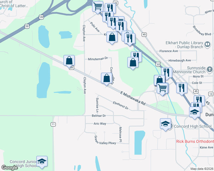 map of restaurants, bars, coffee shops, grocery stores, and more near 24363 County Road 20 in Elkhart