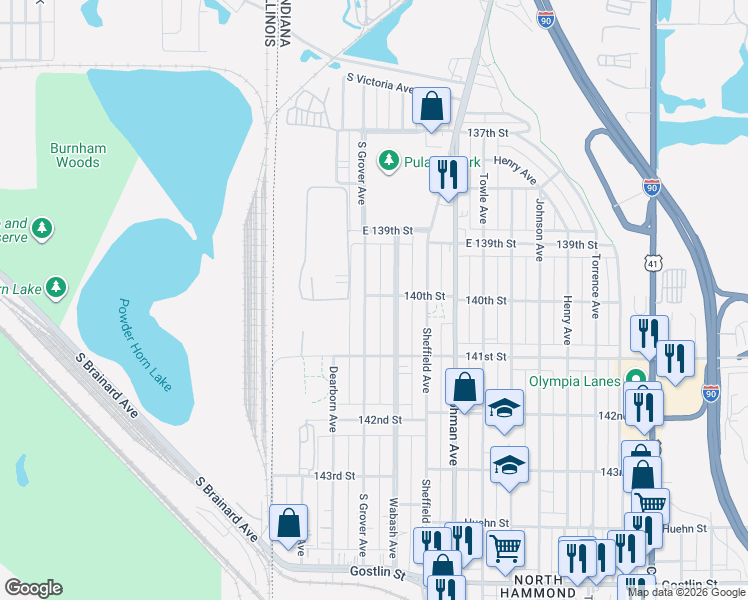 map of restaurants, bars, coffee shops, grocery stores, and more near 3951 Grover Ave in Hammond