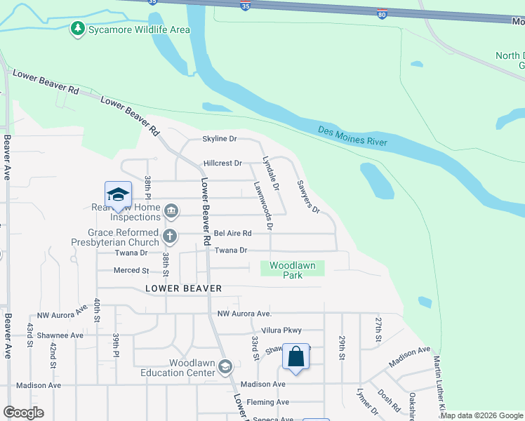 map of restaurants, bars, coffee shops, grocery stores, and more near 3206 Crestmoor Place in Des Moines
