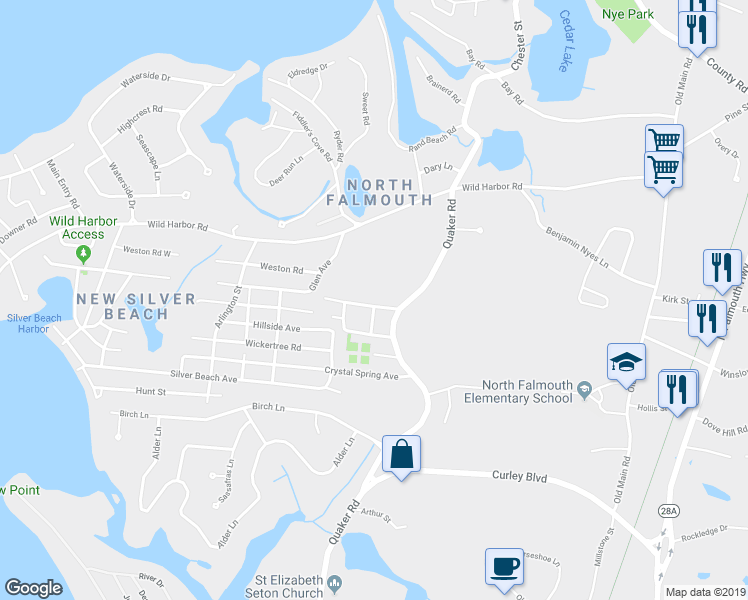 map of restaurants, bars, coffee shops, grocery stores, and more near 13 Highland Avenue in Falmouth