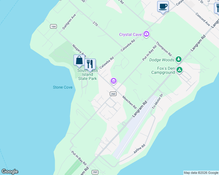 map of restaurants, bars, coffee shops, grocery stores, and more near 255 Meechen Road in Put-in-Bay