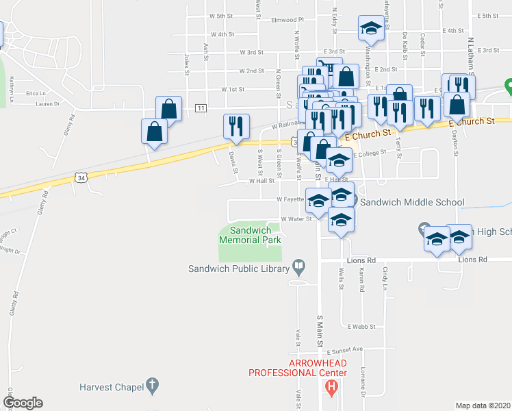 map of restaurants, bars, coffee shops, grocery stores, and more near 306 West Fayette Street in Sandwich