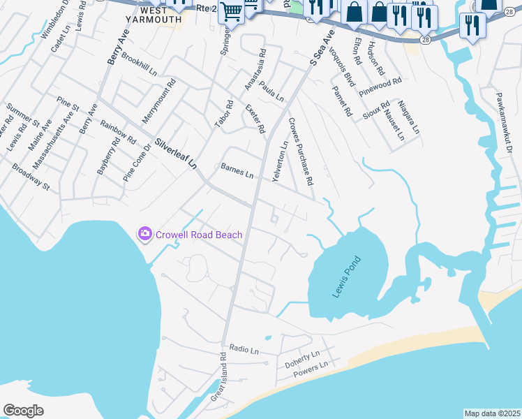 map of restaurants, bars, coffee shops, grocery stores, and more near 168 South Sea Avenue in Yarmouth