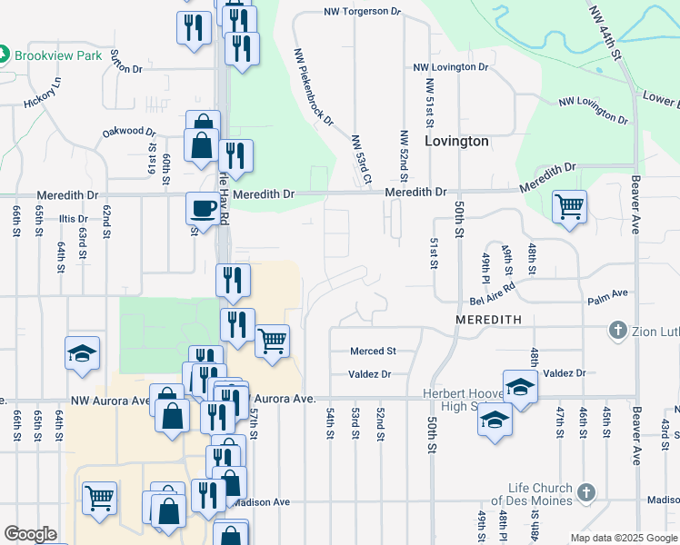 map of restaurants, bars, coffee shops, grocery stores, and more near 5528 Meredith Drive in Des Moines