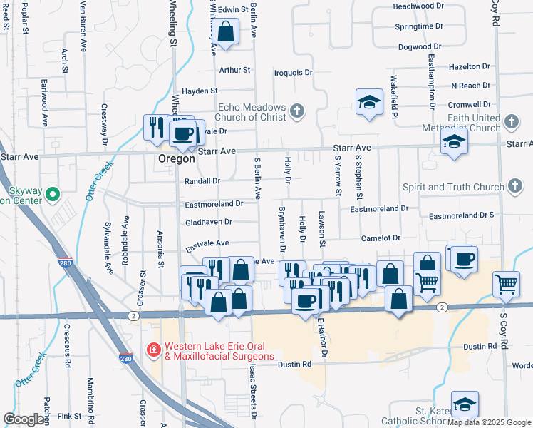 map of restaurants, bars, coffee shops, grocery stores, and more near 523 South Berlin Avenue in Oregon