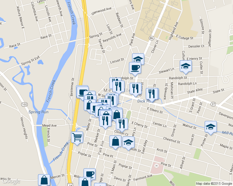map of restaurants, bars, coffee shops, grocery stores, and more near 798 Park Avenue in Meadville