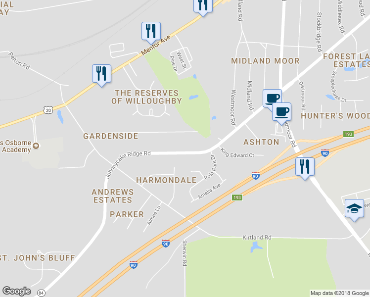 map of restaurants, bars, coffee shops, grocery stores, and more near 39139 Johnnycake Ridge Road in Willoughby