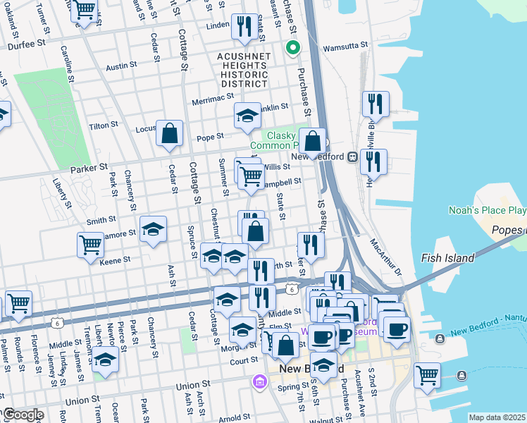 map of restaurants, bars, coffee shops, grocery stores, and more near 91 Walden Street in New Bedford