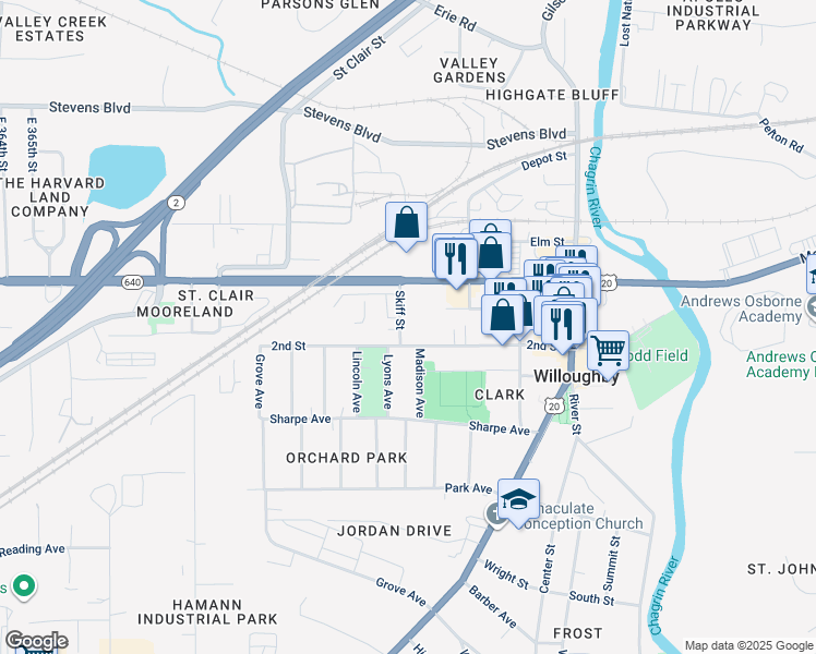 map of restaurants, bars, coffee shops, grocery stores, and more near 37712 Vine Street in Willoughby