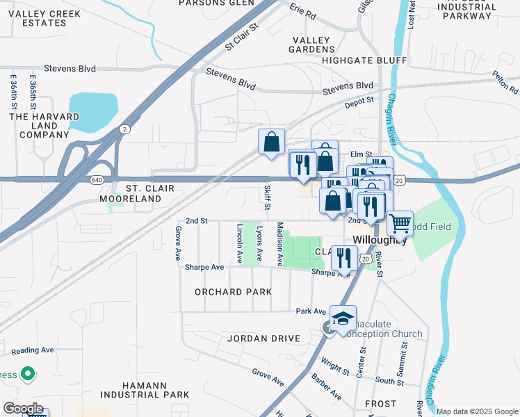 map of restaurants, bars, coffee shops, grocery stores, and more near 37600 North Industrial Parkway in Willoughby