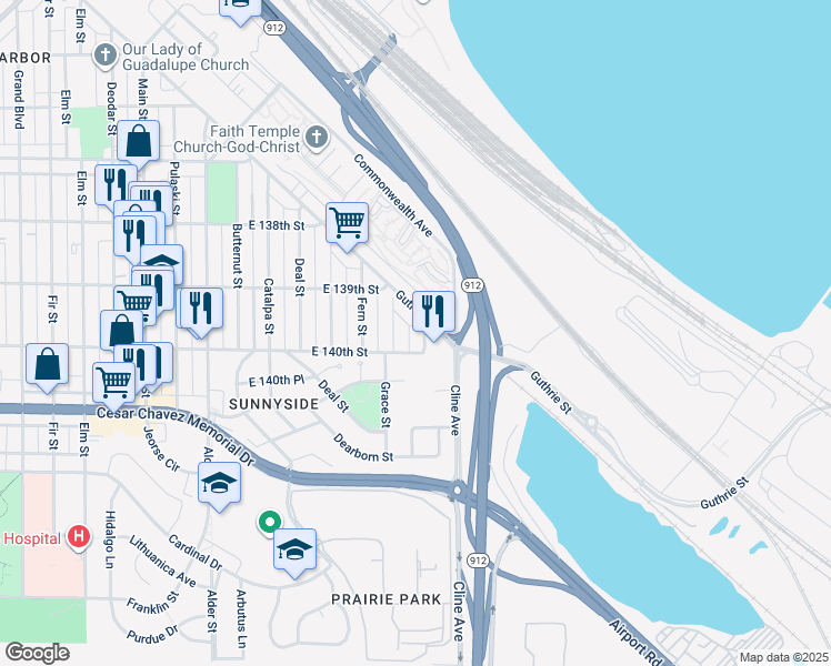 map of restaurants, bars, coffee shops, grocery stores, and more near 3917 Grace Street in East Chicago