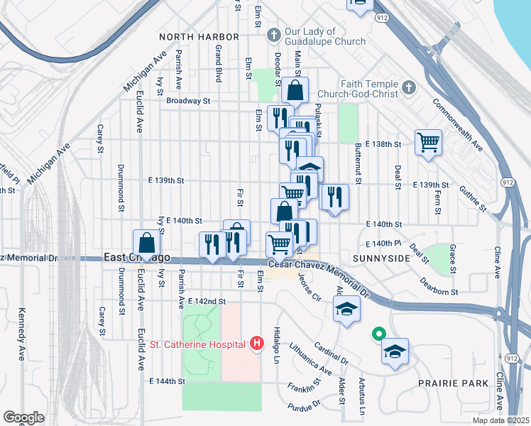 map of restaurants, bars, coffee shops, grocery stores, and more near 3921 Elm Street in East Chicago