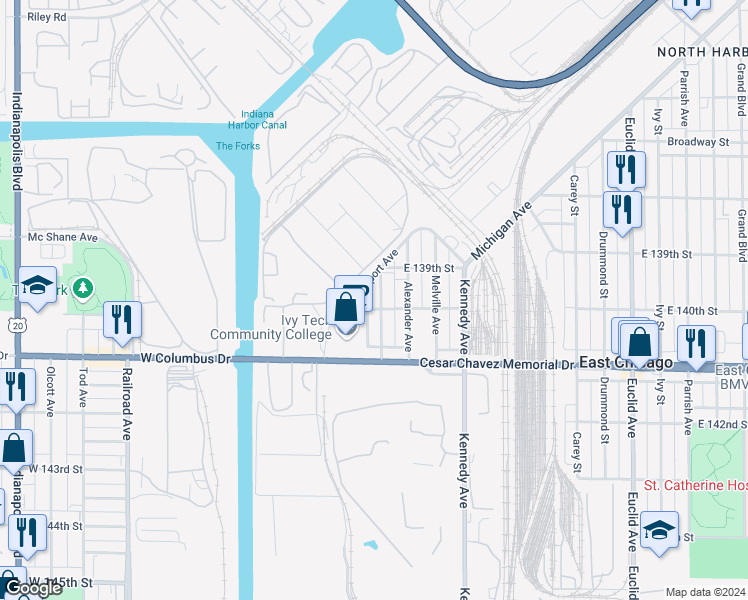 map of restaurants, bars, coffee shops, grocery stores, and more near 3919 Mc Cook Avenue in East Chicago