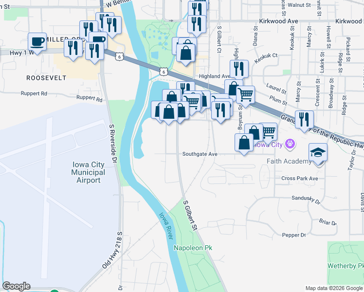 map of restaurants, bars, coffee shops, grocery stores, and more near 1920 South Gilbert Street in Iowa City