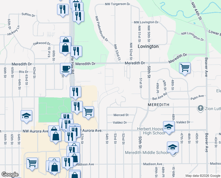 map of restaurants, bars, coffee shops, grocery stores, and more near 55th Street in Des Moines