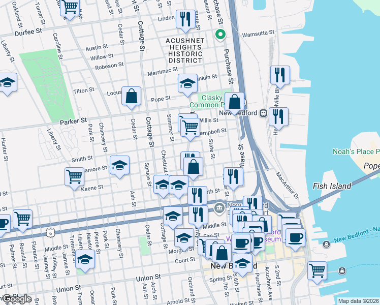 map of restaurants, bars, coffee shops, grocery stores, and more near 622 County Street in New Bedford