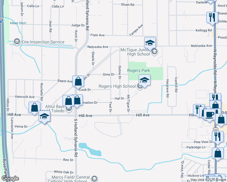 map of restaurants, bars, coffee shops, grocery stores, and more near 204 Teal Drive in Toledo