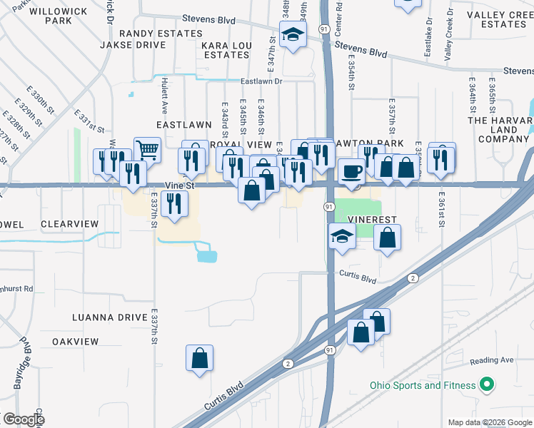 map of restaurants, bars, coffee shops, grocery stores, and more near 34400 Vine Street in Eastlake