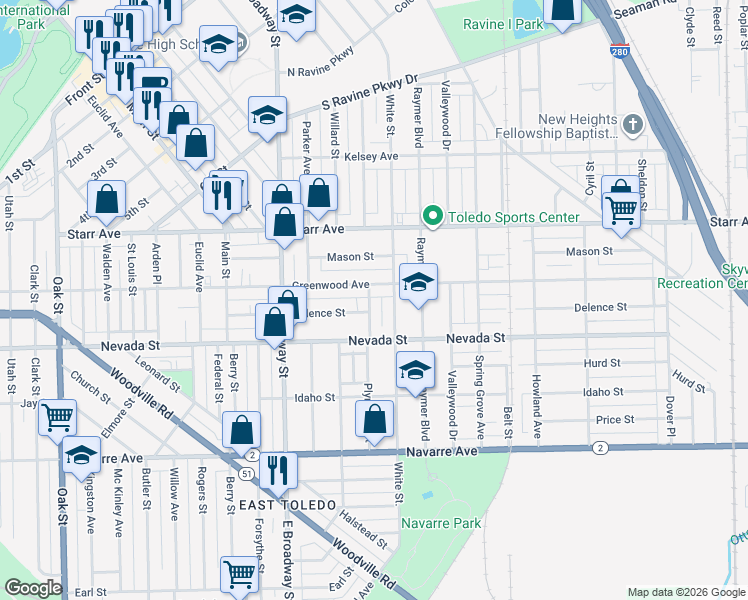 map of restaurants, bars, coffee shops, grocery stores, and more near 1224 Greenwood Avenue in Toledo