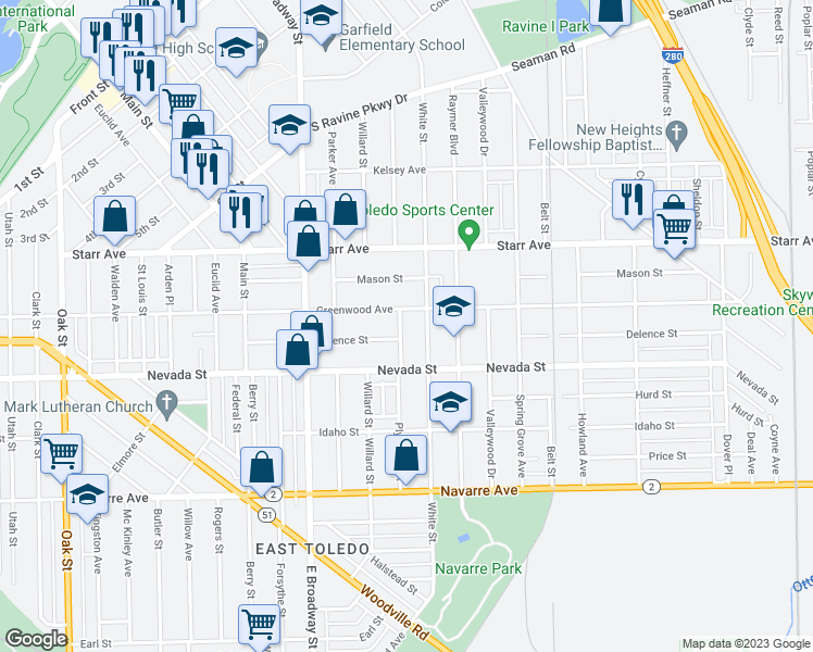 map of restaurants, bars, coffee shops, grocery stores, and more near 515 Plymouth Street in Toledo