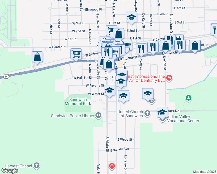 map of restaurants, bars, coffee shops, grocery stores, and more near 504 South Main Street in Sandwich