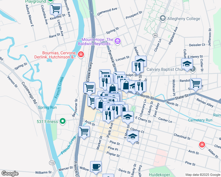map of restaurants, bars, coffee shops, grocery stores, and more near 40299 Market Street in Meadville