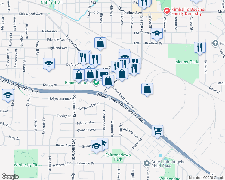 map of restaurants, bars, coffee shops, grocery stores, and more near 1921 Lower Muscatine Road in Iowa City