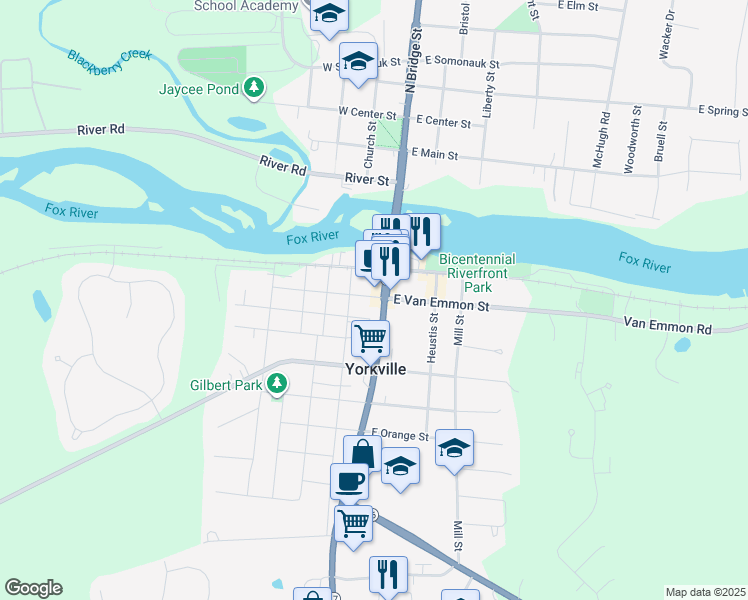 map of restaurants, bars, coffee shops, grocery stores, and more near 108 West Van Emmon Street in Yorkville