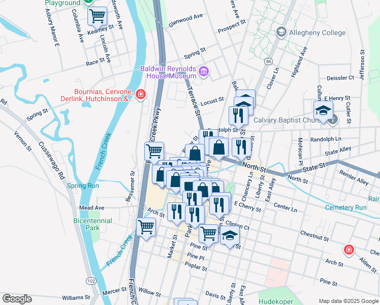 map of restaurants, bars, coffee shops, grocery stores, and more near 40425 West Steers Street in Meadville