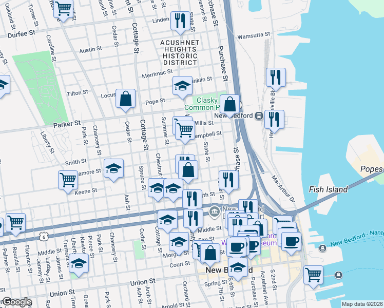 map of restaurants, bars, coffee shops, grocery stores, and more near 91 Walden Street in New Bedford