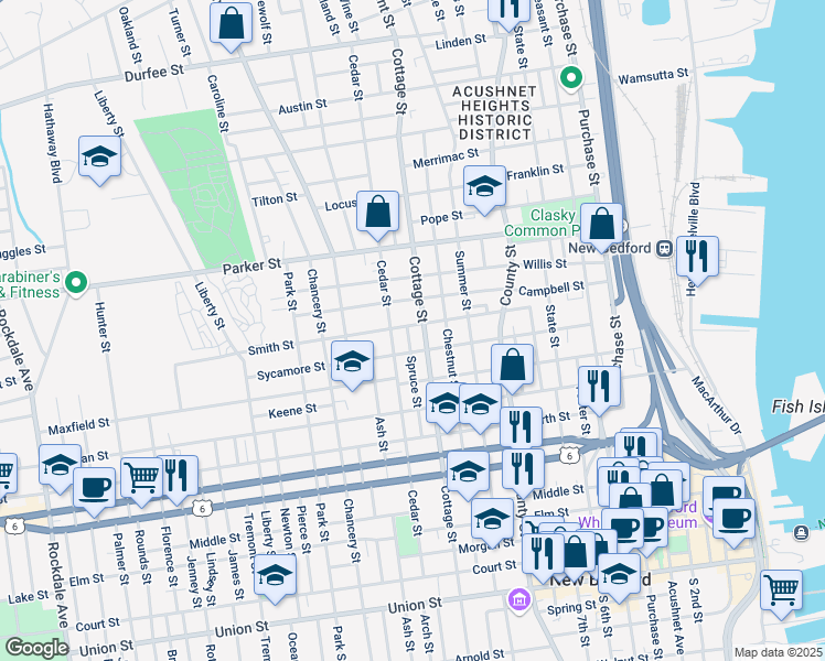 map of restaurants, bars, coffee shops, grocery stores, and more near 117 Smith Street in New Bedford