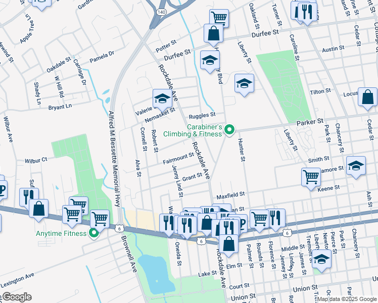 map of restaurants, bars, coffee shops, grocery stores, and more near 424 Parker Street in New Bedford
