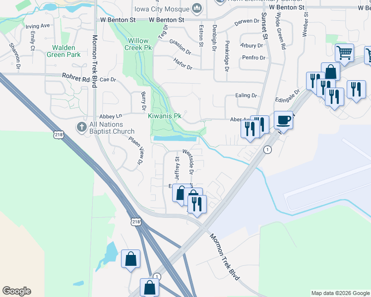 map of restaurants, bars, coffee shops, grocery stores, and more near 400 Westside Drive in Iowa City