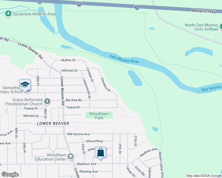 map of restaurants, bars, coffee shops, grocery stores, and more near 4725 Sawyers Drive in Des Moines