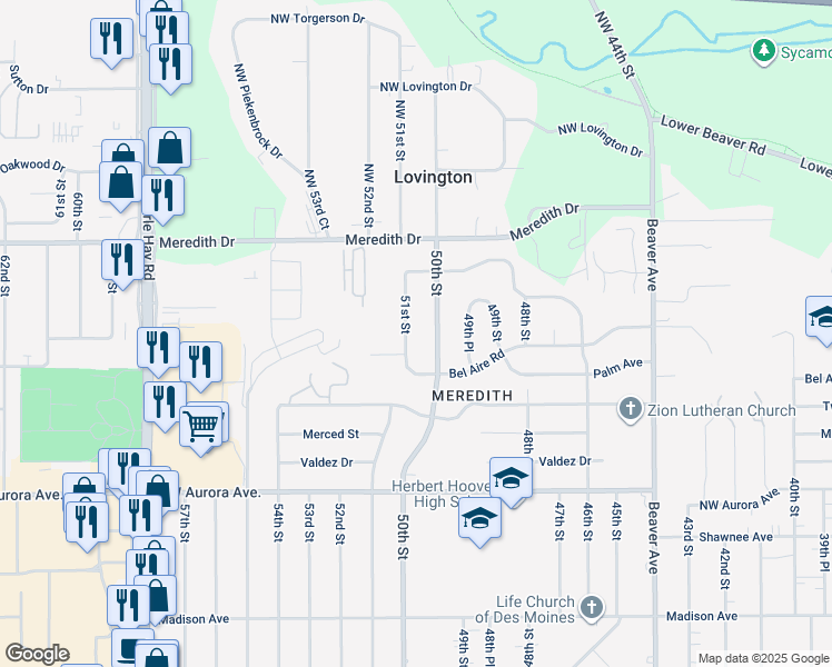 map of restaurants, bars, coffee shops, grocery stores, and more near 4526 50th Street in Des Moines