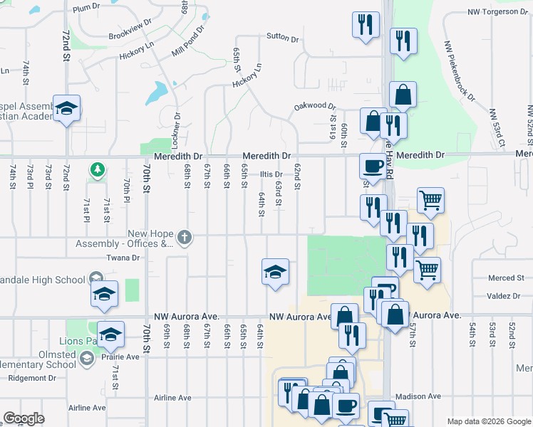 map of restaurants, bars, coffee shops, grocery stores, and more near 4411 64th Street in Urbandale