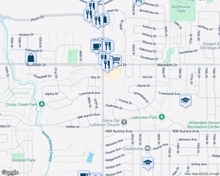 map of restaurants, bars, coffee shops, grocery stores, and more near 4435 86th Street in Urbandale