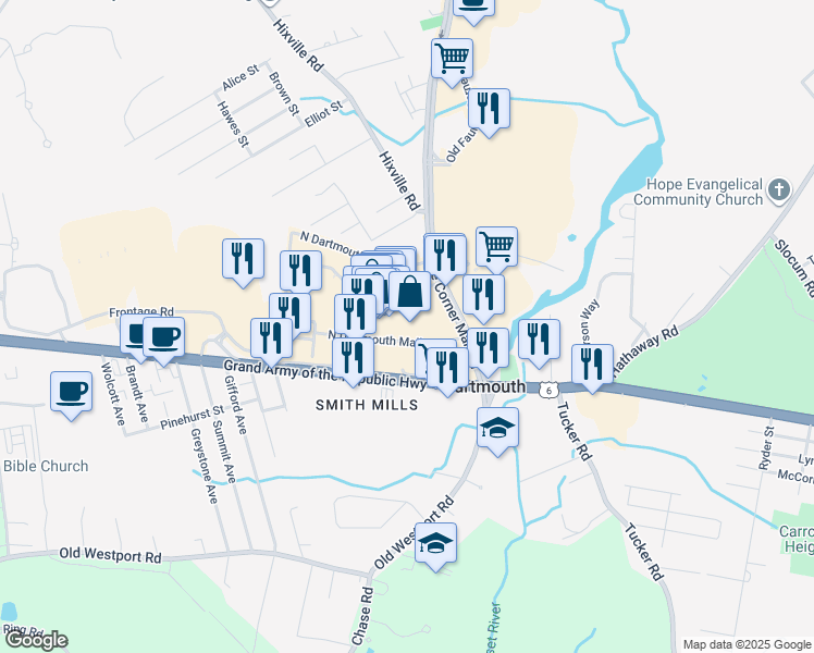 map of restaurants, bars, coffee shops, grocery stores, and more near 100 North Dartmouth Mall in Dartmouth
