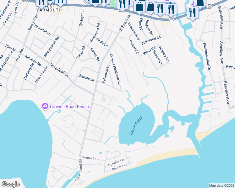 map of restaurants, bars, coffee shops, grocery stores, and more near 40 Salt Marsh Lane in Yarmouth