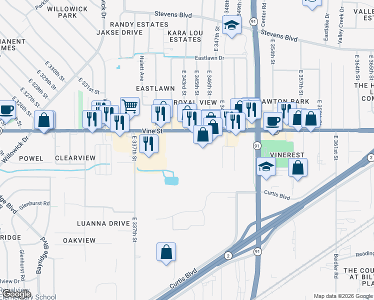 map of restaurants, bars, coffee shops, grocery stores, and more near 34400 Vine Street in Eastlake
