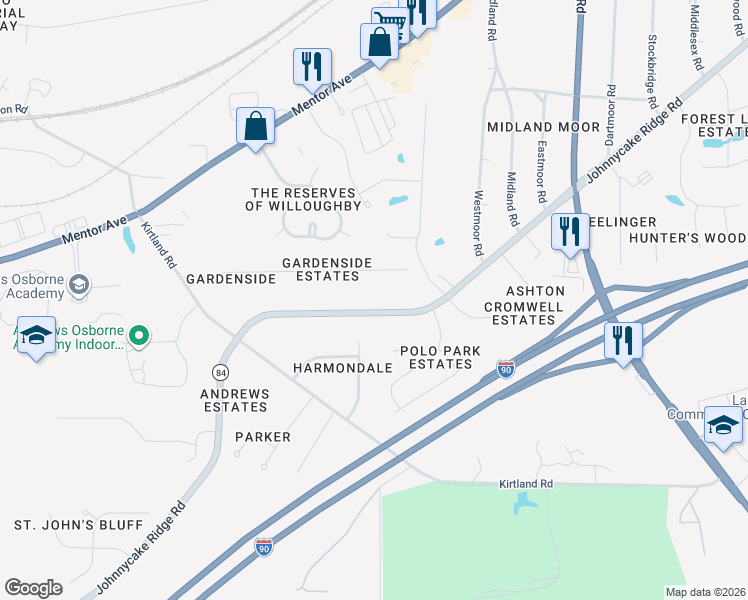 map of restaurants, bars, coffee shops, grocery stores, and more near 39139 Johnnycake Ridge Road in Willoughby